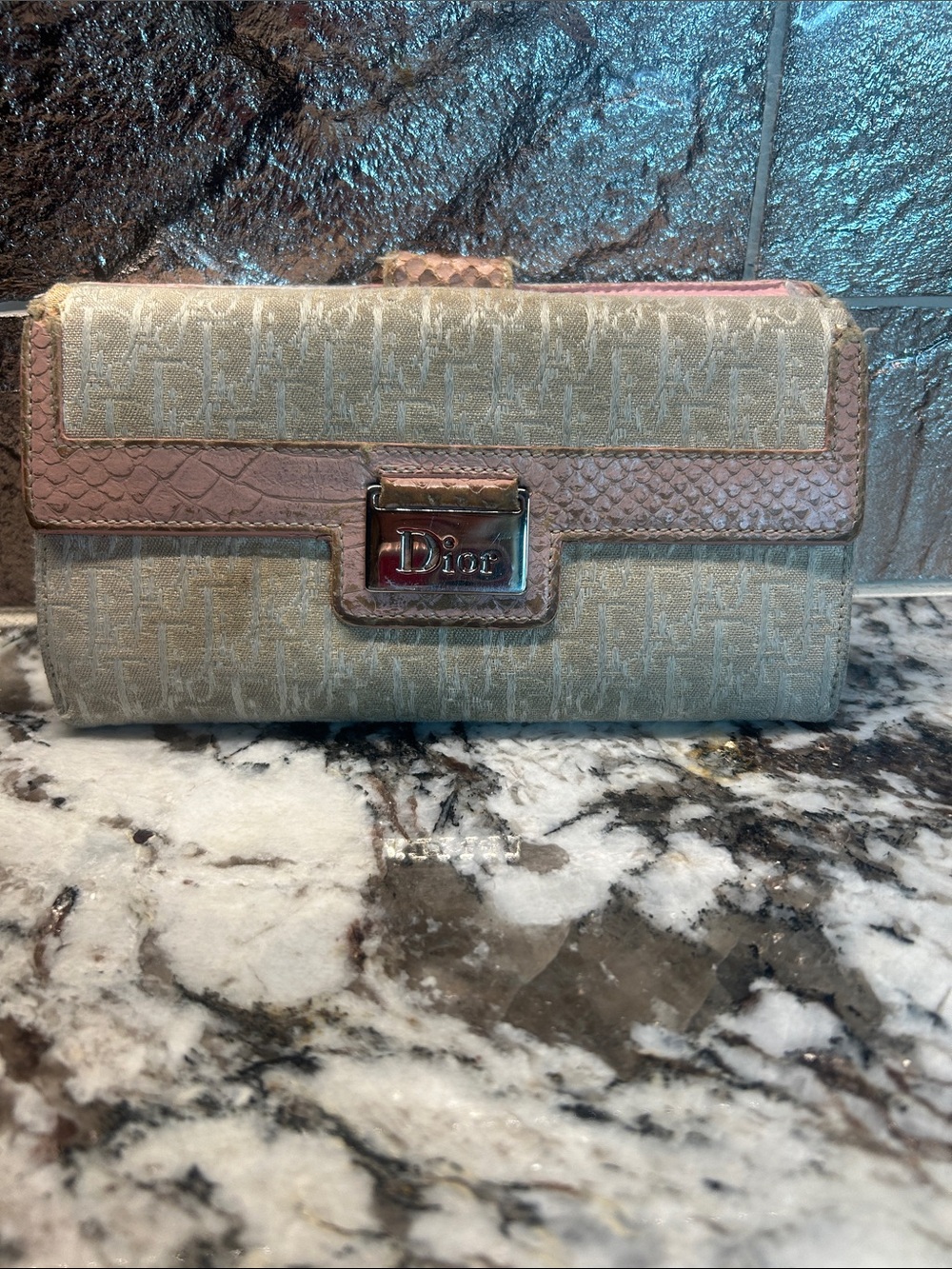 Dior Beige Canvas Continental Wallet with Pink leather Trim